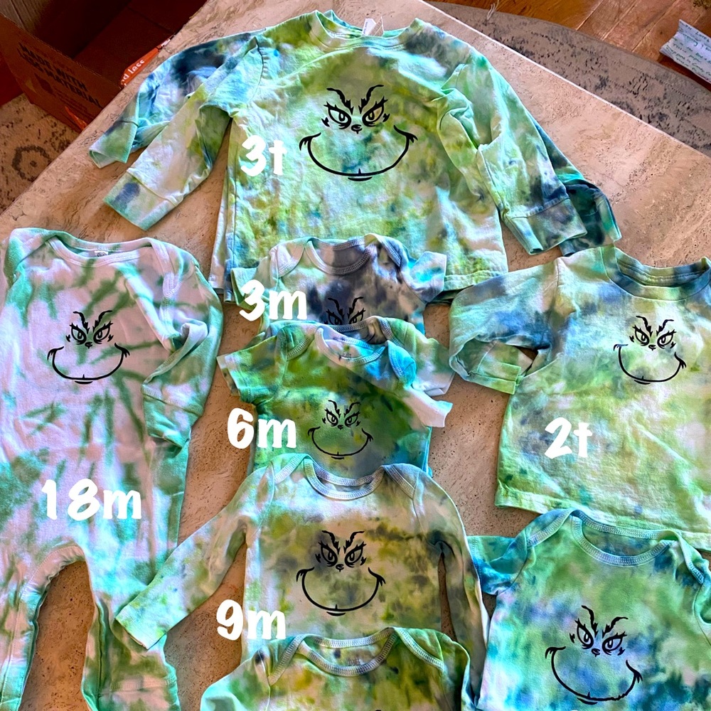 Grinch baby onesies and toddler long sleeve shirts